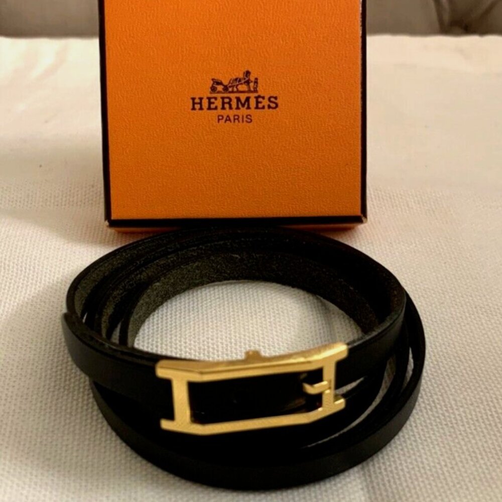 Hermes Hapi Gold Plated Tour Wrap Leather Bracelet - Black - IN GREAT CONDITION!